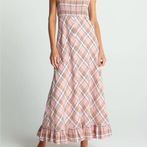 sundays Pink Plaid Smocked Maxi Dress with Ruffle Hem New with tags